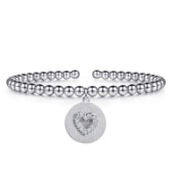 925 Sterling Silver Bujukan Beaded White Sapphire Heart Charm Bangle Bracelet