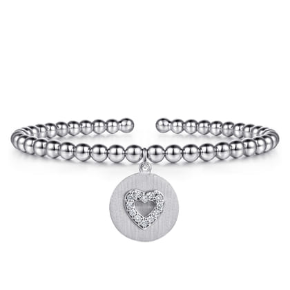925 Sterling Silver Bujukan Beaded White Sapphire Heart Charm Bangle Bracelet