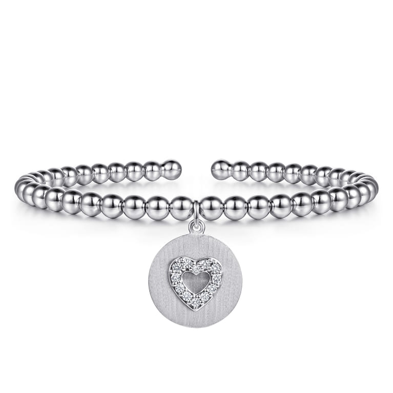 925 Sterling Silver Bujukan Beaded White Sapphire Heart Charm Bangle Bracelet - Shot 1