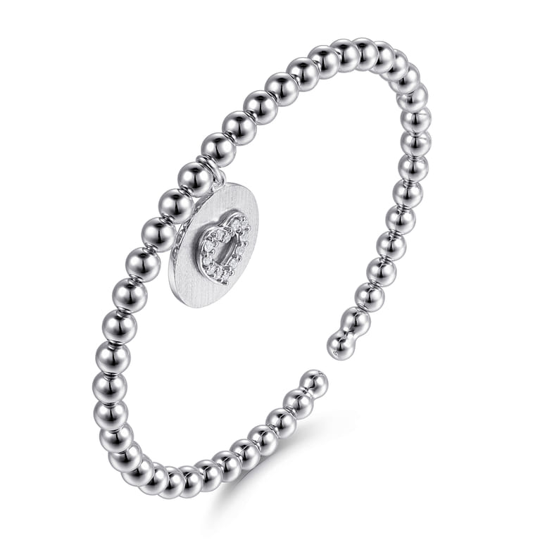 925 Sterling Silver Bujukan Beaded White Sapphire Heart Charm Bangle Bracelet - Shot 2
