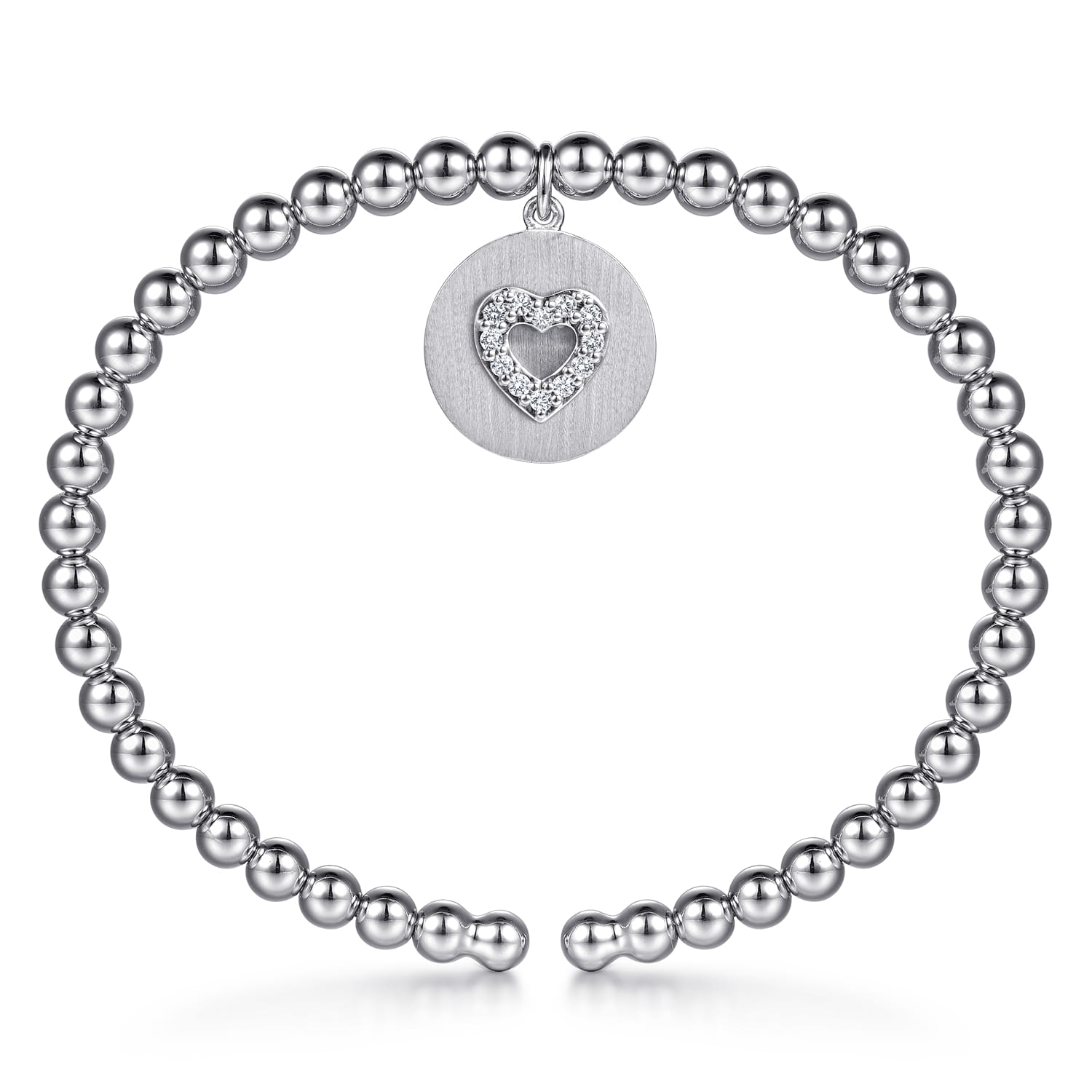 925 Sterling Silver Bujukan Beaded White Sapphire Heart Charm Bangle Bracelet - Shot 3