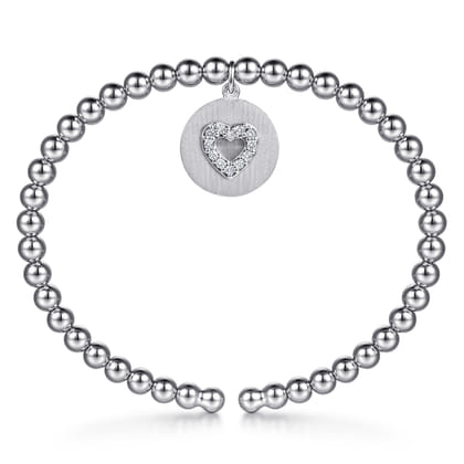 925 Sterling Silver Bujukan Beaded White Sapphire Heart Charm Bangle Bracelet