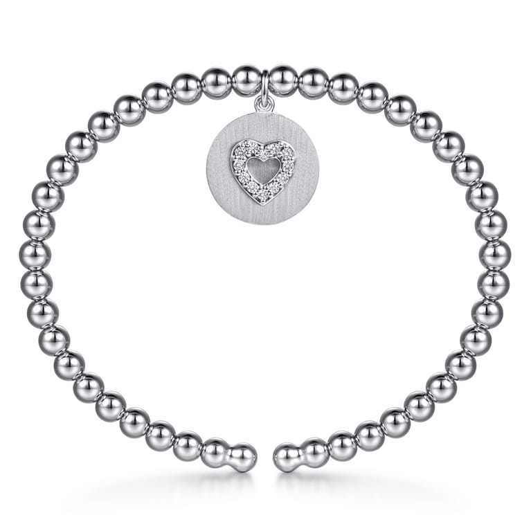 925 Sterling Silver Bujukan Beaded White Sapphire Heart Charm Bangle Bracelet - Shot 3