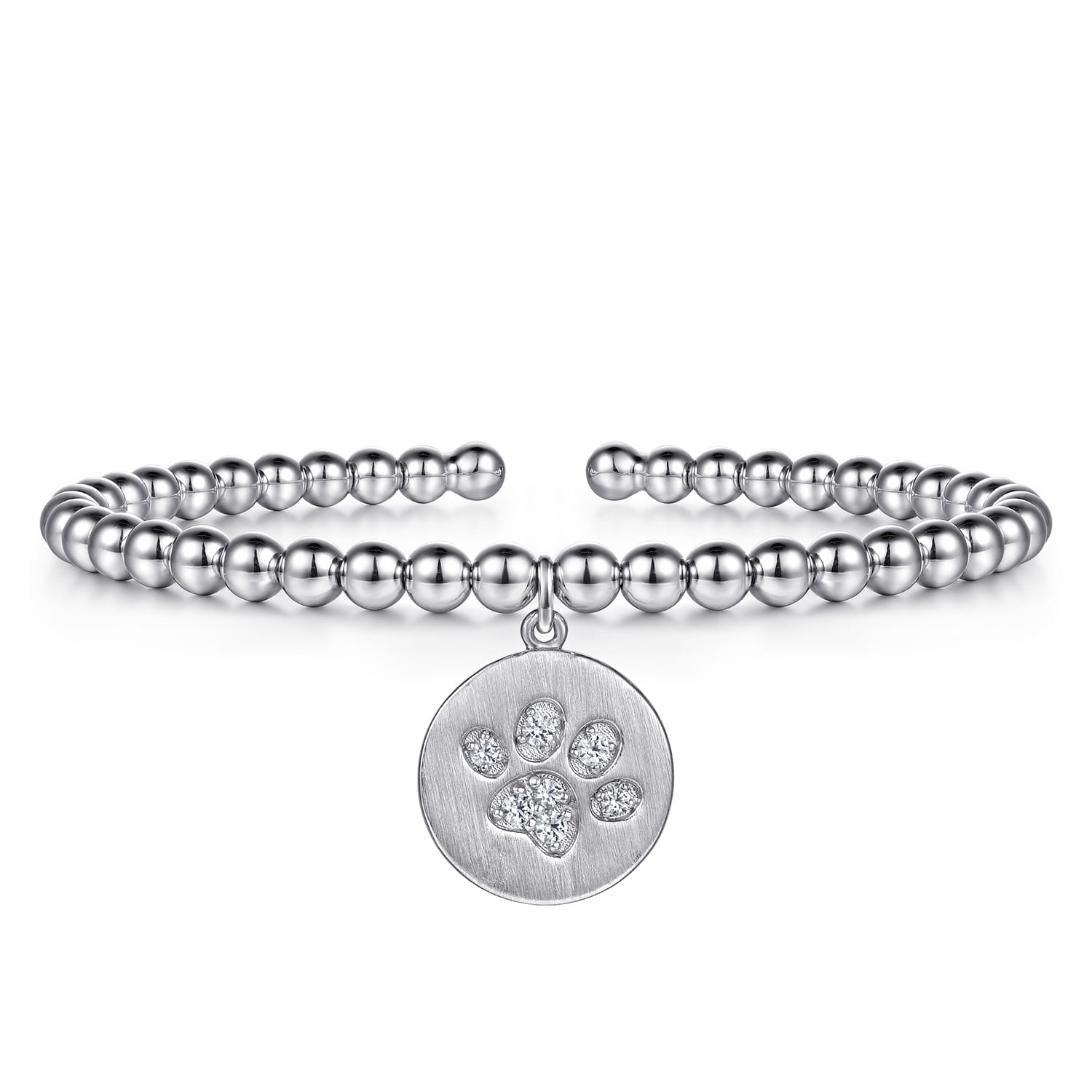 925 Sterling Silver Bujukan Beaded White Sapphire Paw Charm Bangle Bracelet - Shot 1