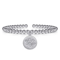 925 Sterling Silver Bujukan Beaded White Sapphire Paw Charm Bangle Bracelet