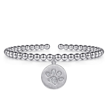 925 Sterling Silver Bujukan Beaded White Sapphire Paw Charm Bangle Bracelet