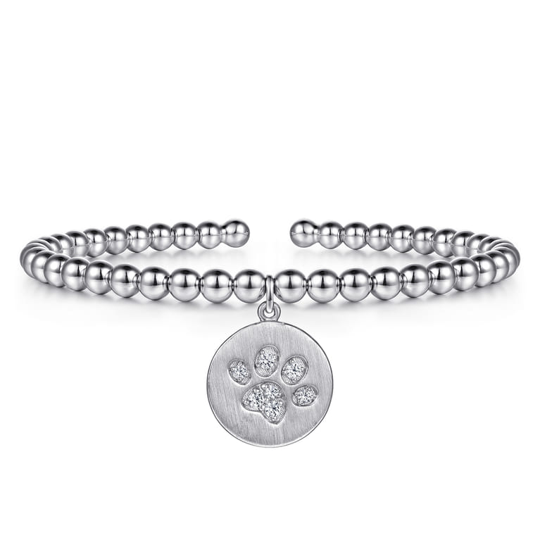 925 Sterling Silver Bujukan Beaded White Sapphire Paw Charm Bangle Bracelet - Shot 1