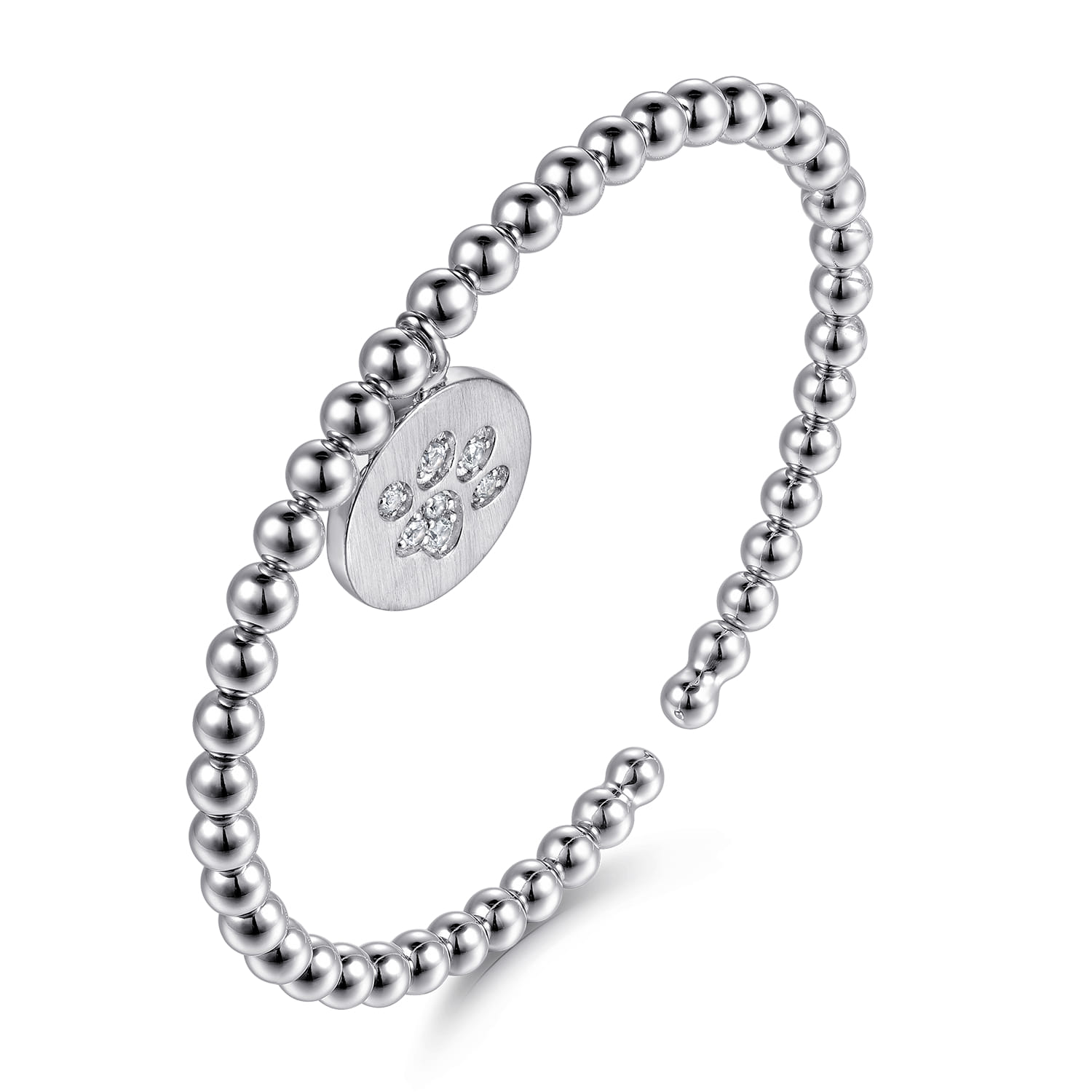 925 Sterling Silver Bujukan Beaded White Sapphire Paw Charm Bangle Bracelet - Shot 2