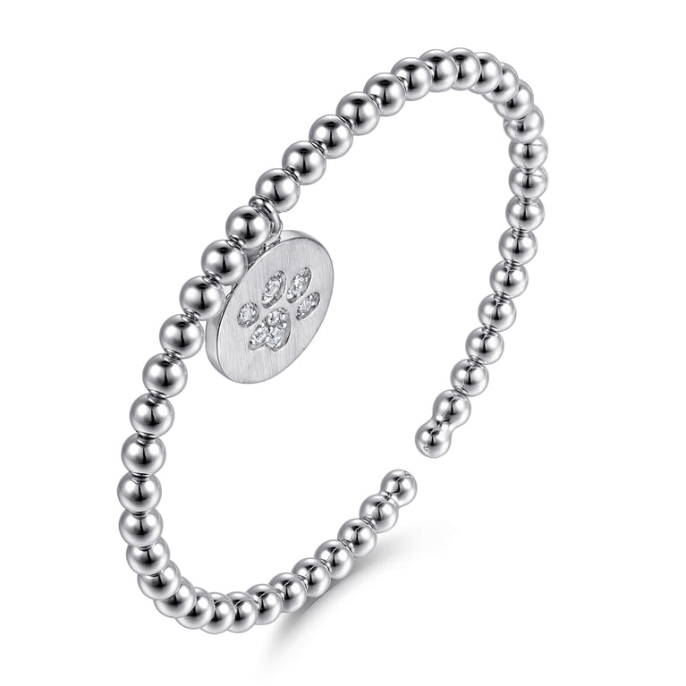 925 Sterling Silver Bujukan Beaded White Sapphire Paw Charm Bangle Bracelet - Shot 2
