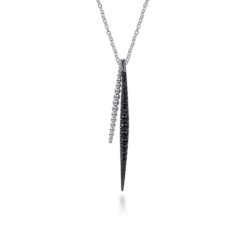 925 Sterling Silver Bujukan Beads and Graduating Black Spinel Double Spike Pendant Necklace - Shot 1