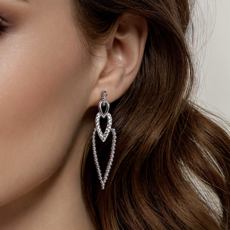 925 Sterling Silver Bujukan Beads and White Sapphire Stud Drop Earrings - Shot 2