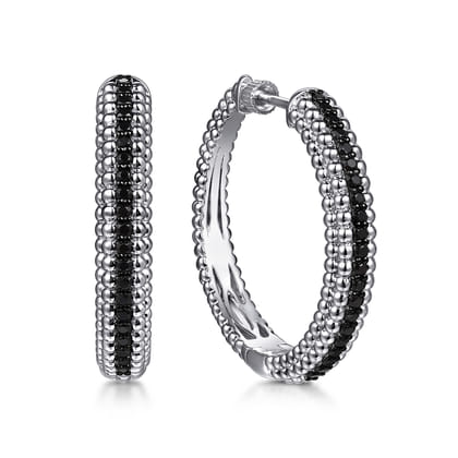 925 Sterling Silver Bujukan Black Spinel Classic Hoop Earrings
