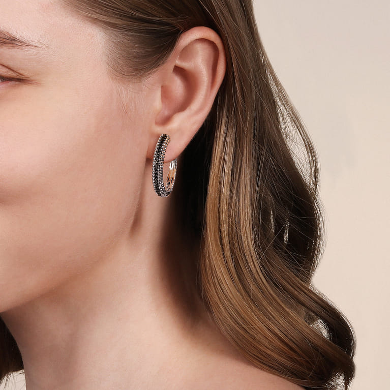 925 Sterling Silver Bujukan Black Spinel Classic Hoop Earrings - Shot 2