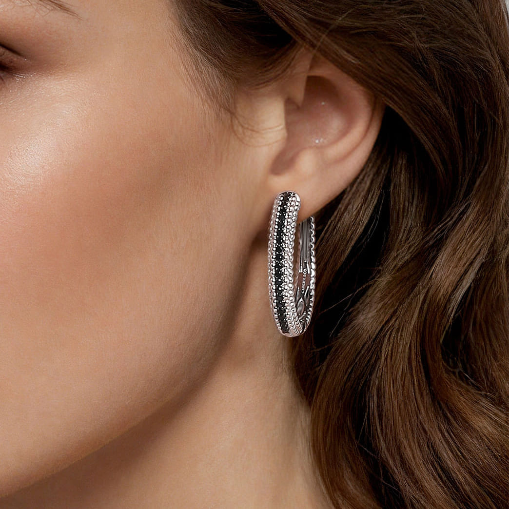 925 Sterling Silver Bujukan Black Spinel Classic Hoop Earrings