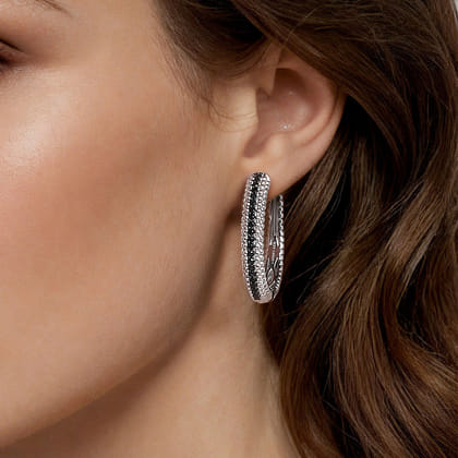 925 Sterling Silver Bujukan Black Spinel Classic Hoop Earrings