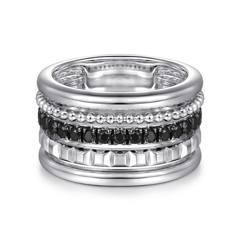 925 Sterling Silver Bujukan Black Spinel and Pyramid Multi Row Easy Stackable Ladies Ring - Shot 1