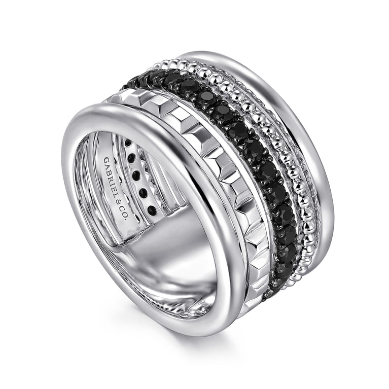 925 Sterling Silver Bujukan Black Spinel and Pyramid Multi Row Easy Stackable Ladies Ring - Shot 3