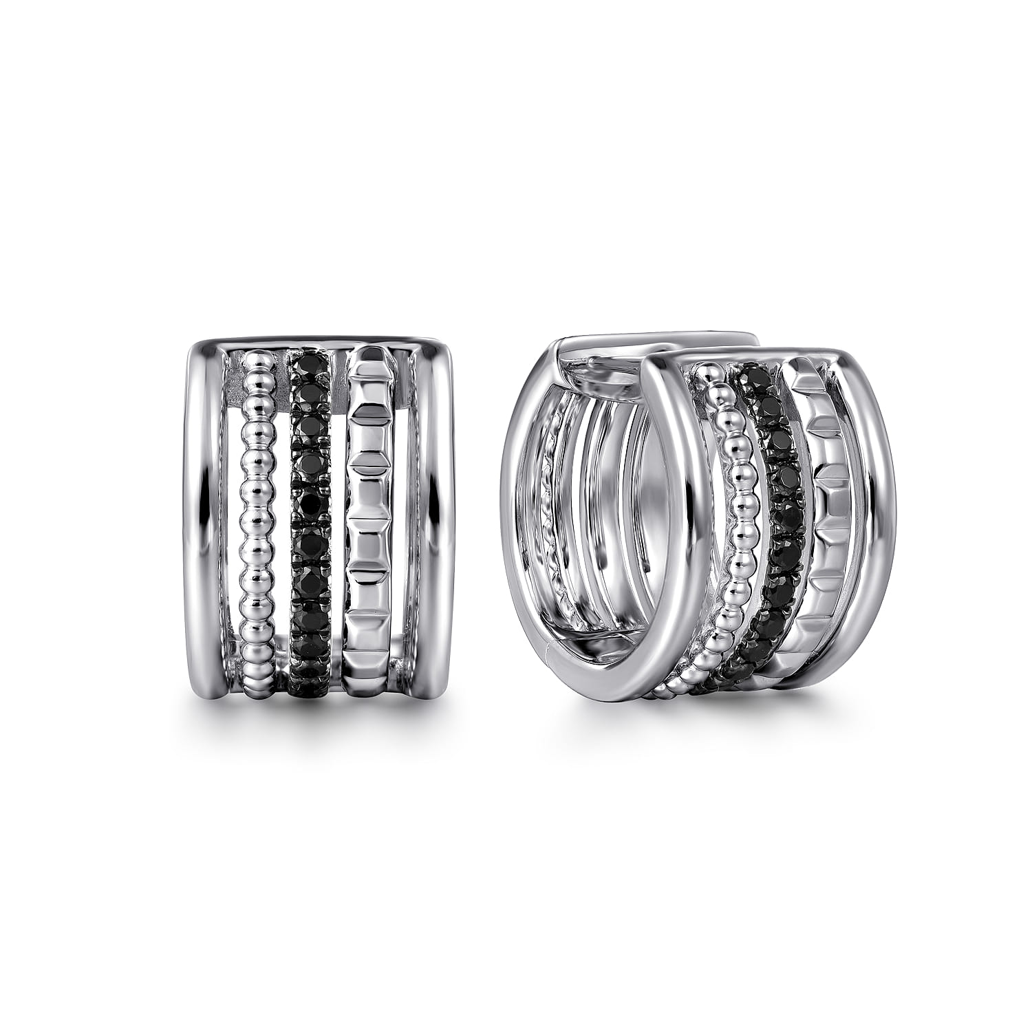 925 Sterling Silver Bujukan Black Spinel and Pyramid Multi Row Huggie Earrings - Shot 1