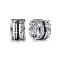 925 Sterling Silver Bujukan Black Spinel and Pyramid Multi Row Huggie Earrings