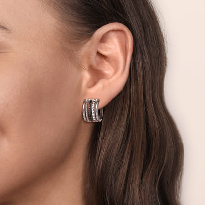 925 Sterling Silver Bujukan Black Spinel and Pyramid Multi Row Huggie Earrings