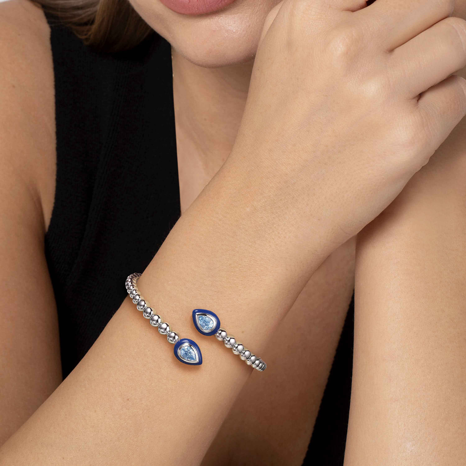 925 Sterling Silver Bujukan Blue Topaz Bypass Bangle Bracelet with Deep Blue Enamel - Shot 4