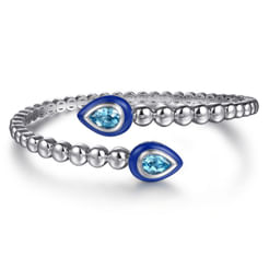 925 Sterling Silver Bujukan Blue Topaz Bypass Bangle Bracelet with Deep Blue Enamel