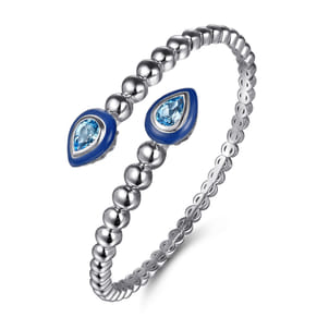 925 Sterling Silver Bujukan Blue Topaz Bypass Bangle Bracelet with Deep Blue Enamel