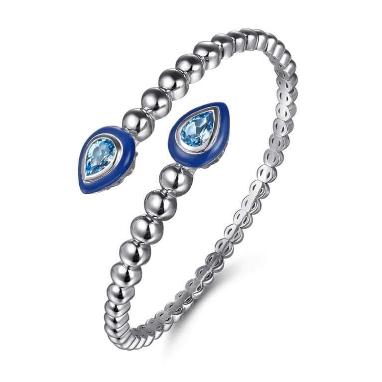 925 Sterling Silver Bujukan Blue Topaz Bypass Bangle Bracelet with Deep Blue Enamel - Shot 2