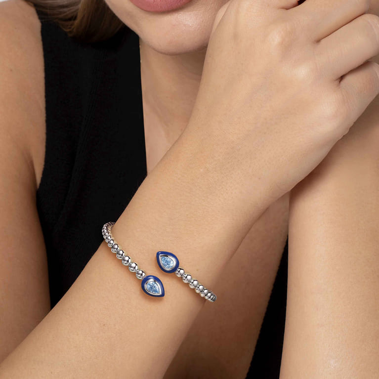 925 Sterling Silver Bujukan Blue Topaz Bypass Bangle Bracelet with Deep Blue Enamel - Shot 4