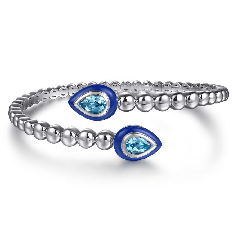 925 Sterling Silver Bujukan Blue Topaz Bypass Bangle Bracelet with Deep Blue Enamel - Shot 1