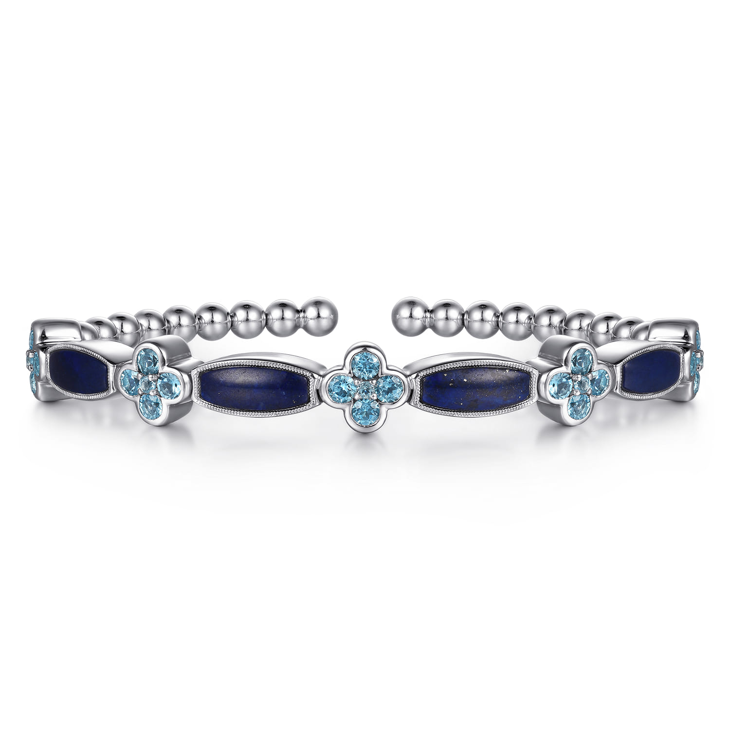 925 Sterling Silver Bujukan Blue Topaz Clover and Lapis Cuff Bangle Bracelet - Shot 1