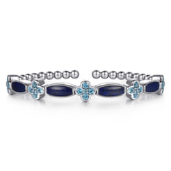 925 Sterling Silver Bujukan Blue Topaz Clover and Lapis Cuff Bangle Bracelet