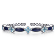 925 Sterling Silver Bujukan Blue Topaz Clover and Lapis Cuff Bangle Bracelet