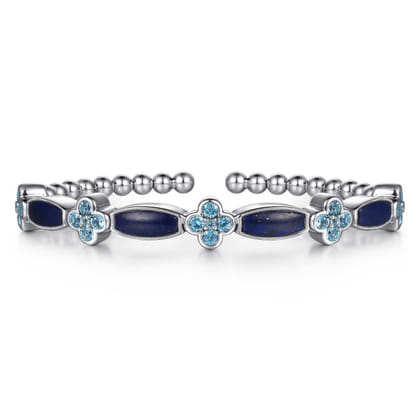 925 Sterling Silver Bujukan Blue Topaz Clover and Lapis Cuff Bangle Bracelet