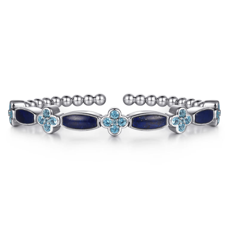 925 Sterling Silver Bujukan Blue Topaz Clover and Lapis Cuff Bangle Bracelet - Shot 1