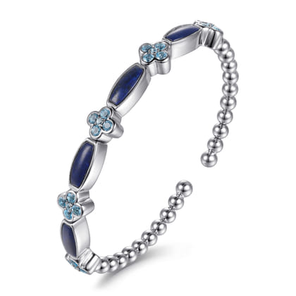 925 Sterling Silver Bujukan Blue Topaz Clover and Lapis Cuff Bangle Bracelet