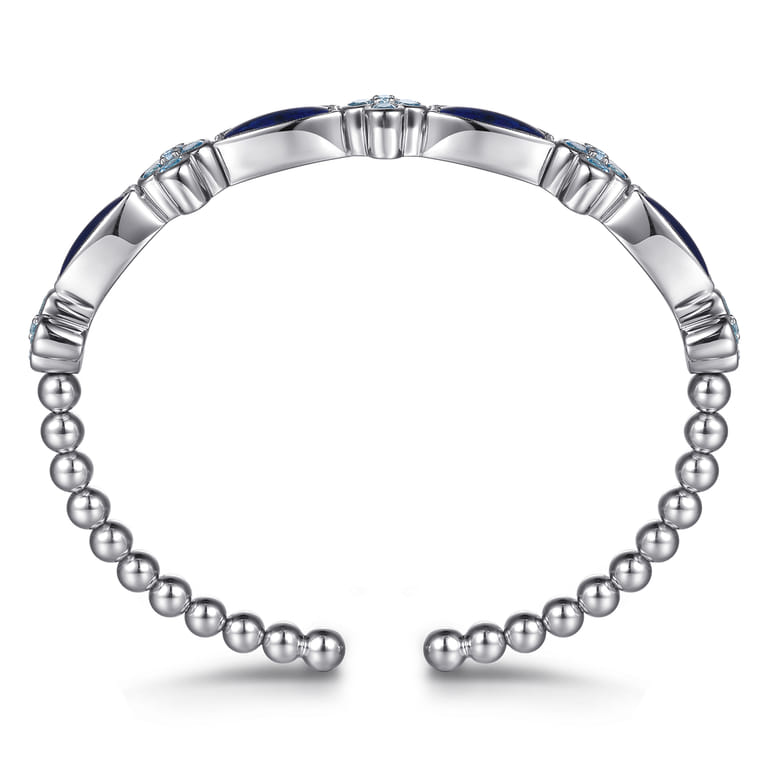 925 Sterling Silver Bujukan Blue Topaz Clover and Lapis Cuff Bangle Bracelet - Shot 3