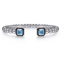 925 Sterling Silver Bujukan Blue Topaz Open Bangle with Black Enamel
