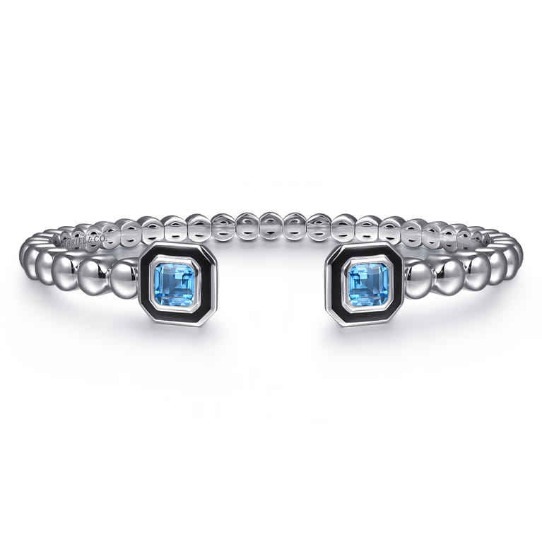 925 Sterling Silver Bujukan Blue Topaz Open Bangle with Black Enamel - Shot 1