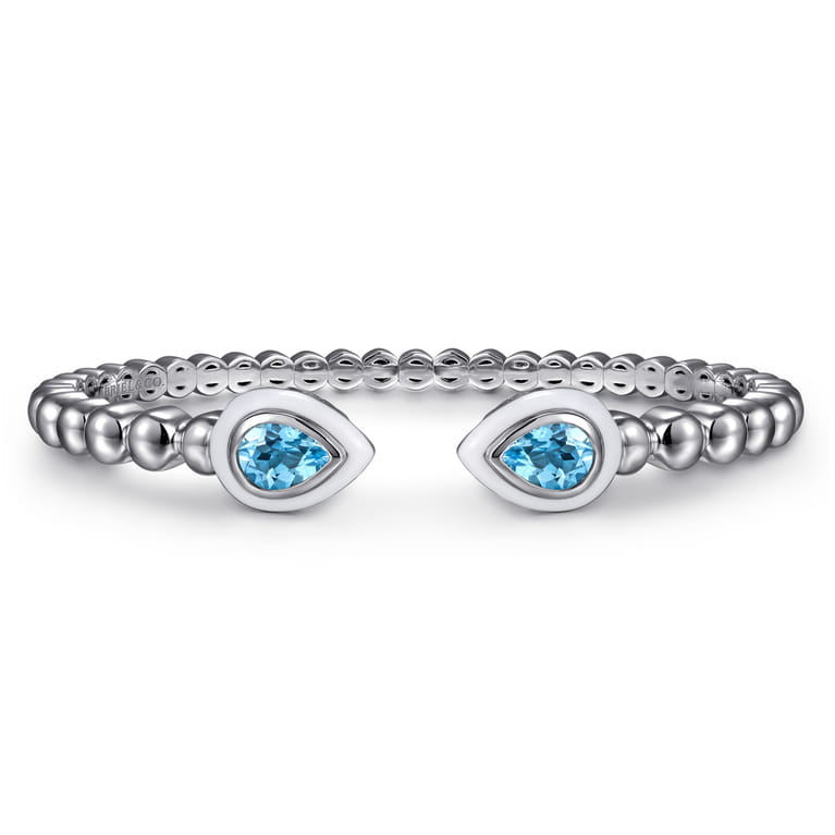 925 Sterling Silver Bujukan Blue Topaz Open Bangle with White Enamel - Shot 1