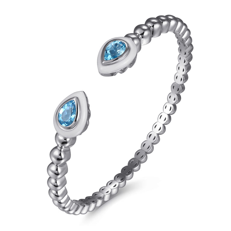 925 Sterling Silver Bujukan Blue Topaz Open Bangle with White Enamel - Shot 2