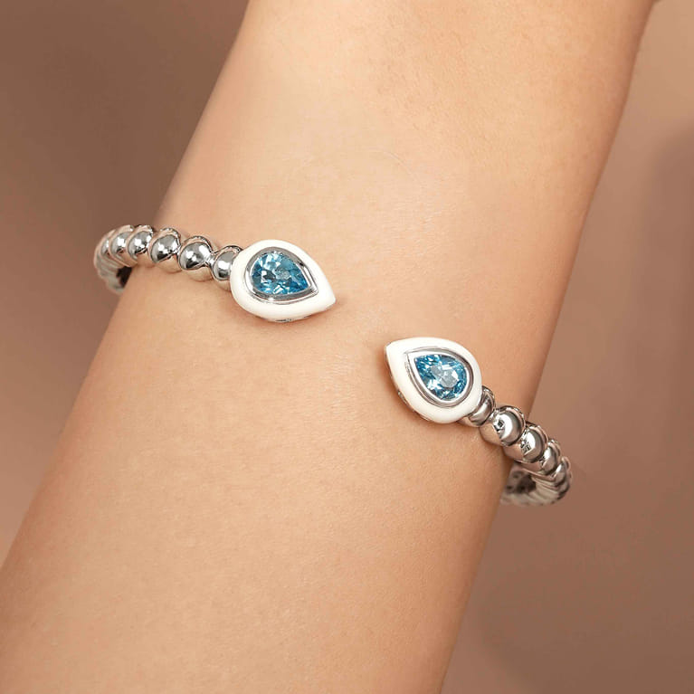 925 Sterling Silver Bujukan Blue Topaz Open Bangle with White Enamel - Shot 4