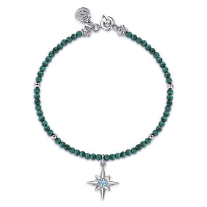 925 Sterling Silver Bujukan Blue Topaz Starburst and Malachite Bracelet