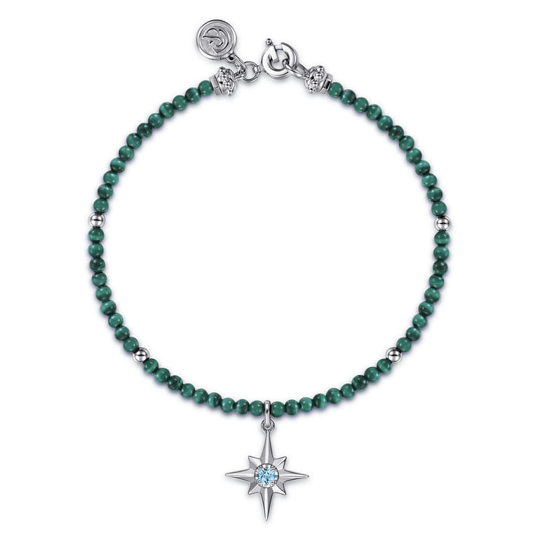925 Sterling Silver Bujukan Blue Topaz Starburst and Malachite Bracelet - Shot 1