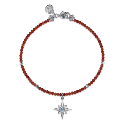 925 Sterling Silver Bujukan Blue Topaz Starburst and Red Agate Bracelet