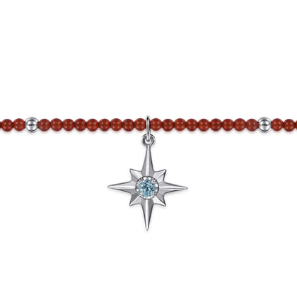 925 Sterling Silver Bujukan Blue Topaz Starburst and Red Agate Bracelet