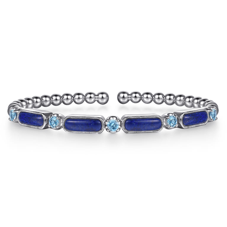 925 Sterling Silver Bujukan Blue Topaz and Lapis Split Bangle Bracelet - Shot 1
