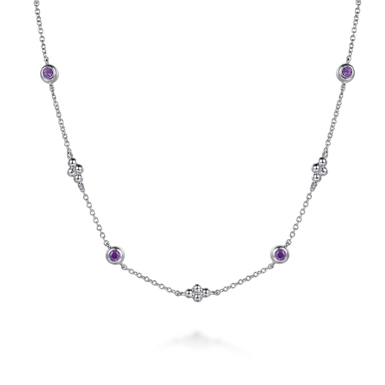 925 Sterling Silver Bujukan Clover Amethyst Station Necklace - Shot 1