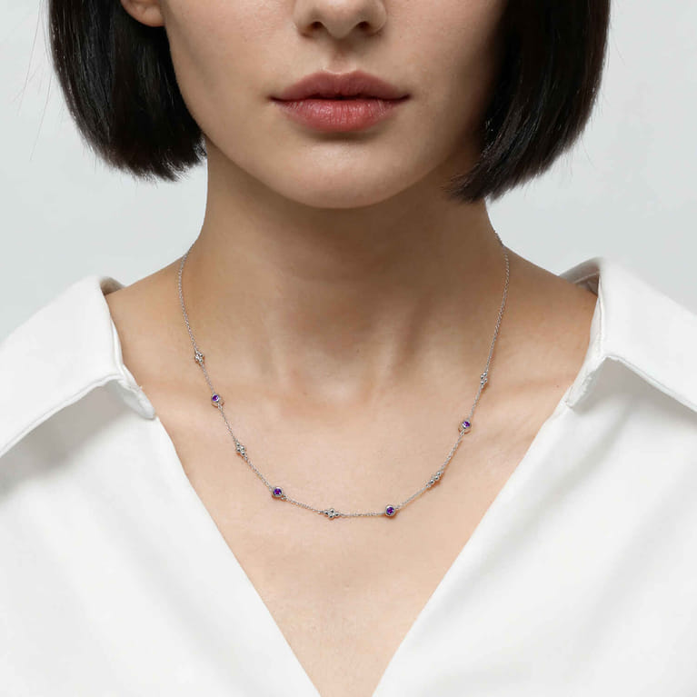 925 Sterling Silver Bujukan Clover Amethyst Station Necklace - Shot 3