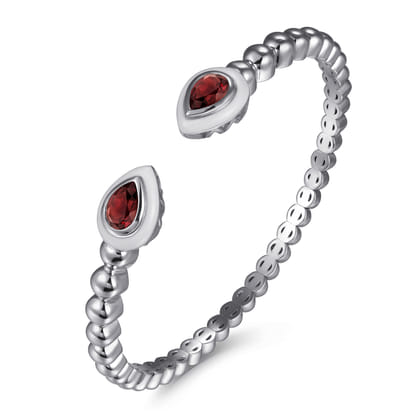 925 Sterling Silver Bujukan Cuff Bangle with White Enamel and Garnet